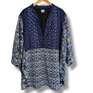 Ulla Popken Blouse Plus Size 32/34 Blue White Embellished Sequin Patchwork Artsy